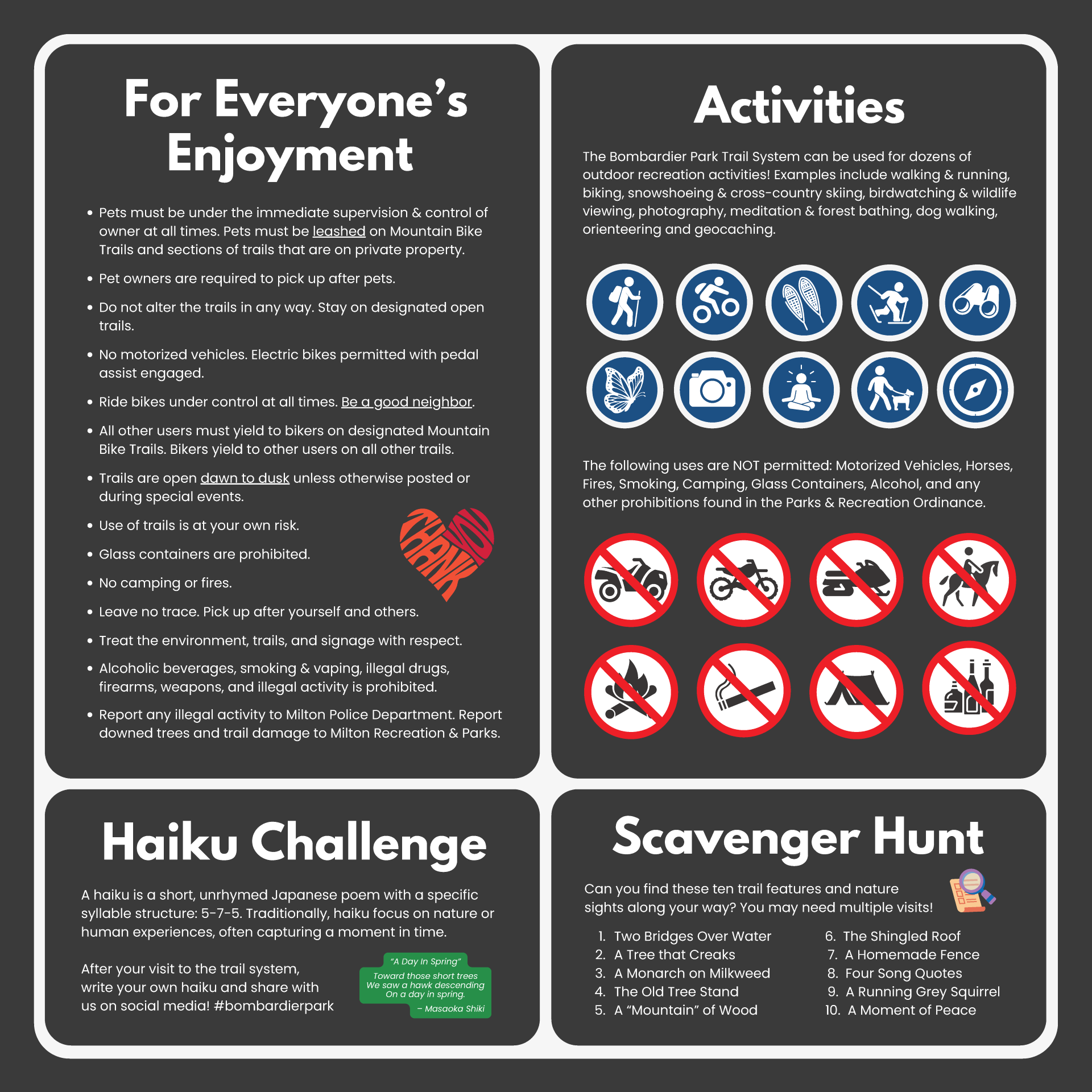 Bombardier Park Trails Rules Activities